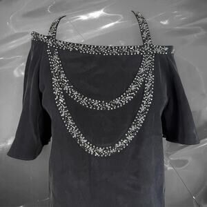 Y2K Beaded Silk Cold Shoulder Dress Black Gray Glam Rock Grunge